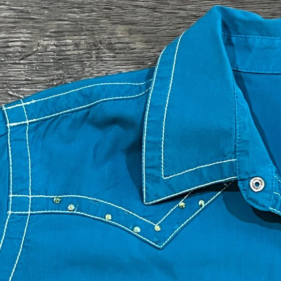 Vintage Y2K Ariat Western Pearl Snap Shirt Teal Rhinestone Rodeo Women’s XL - Picture 3 of 8
